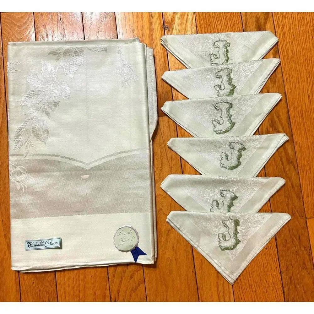 New VTG Mint Green Monogrammed J Linen Tablecloth & 6 Napkins Set Cottagecore